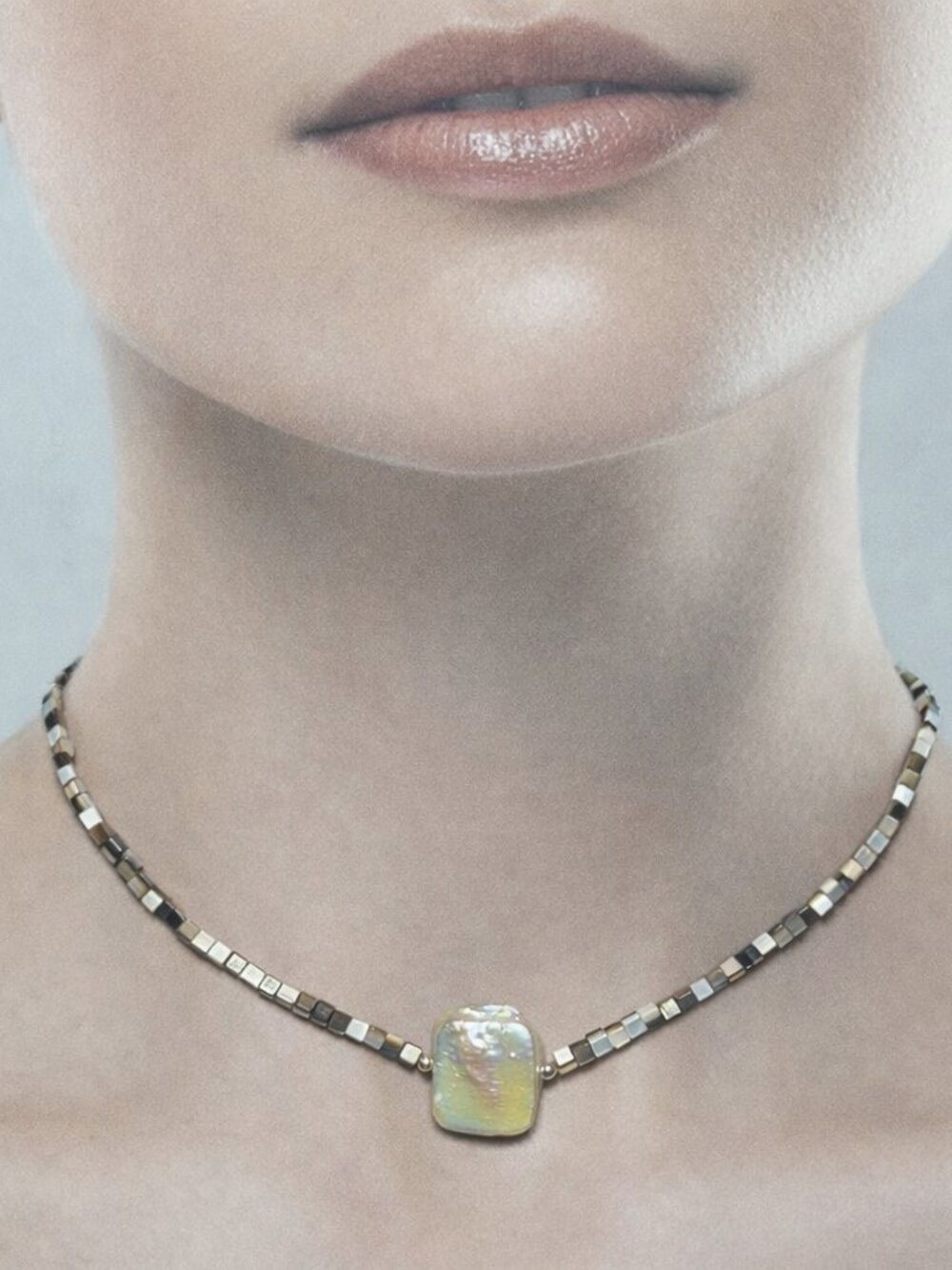 Box Shape Mother of Pearl and Freshwater Flat Baroque Pearl Necklace.